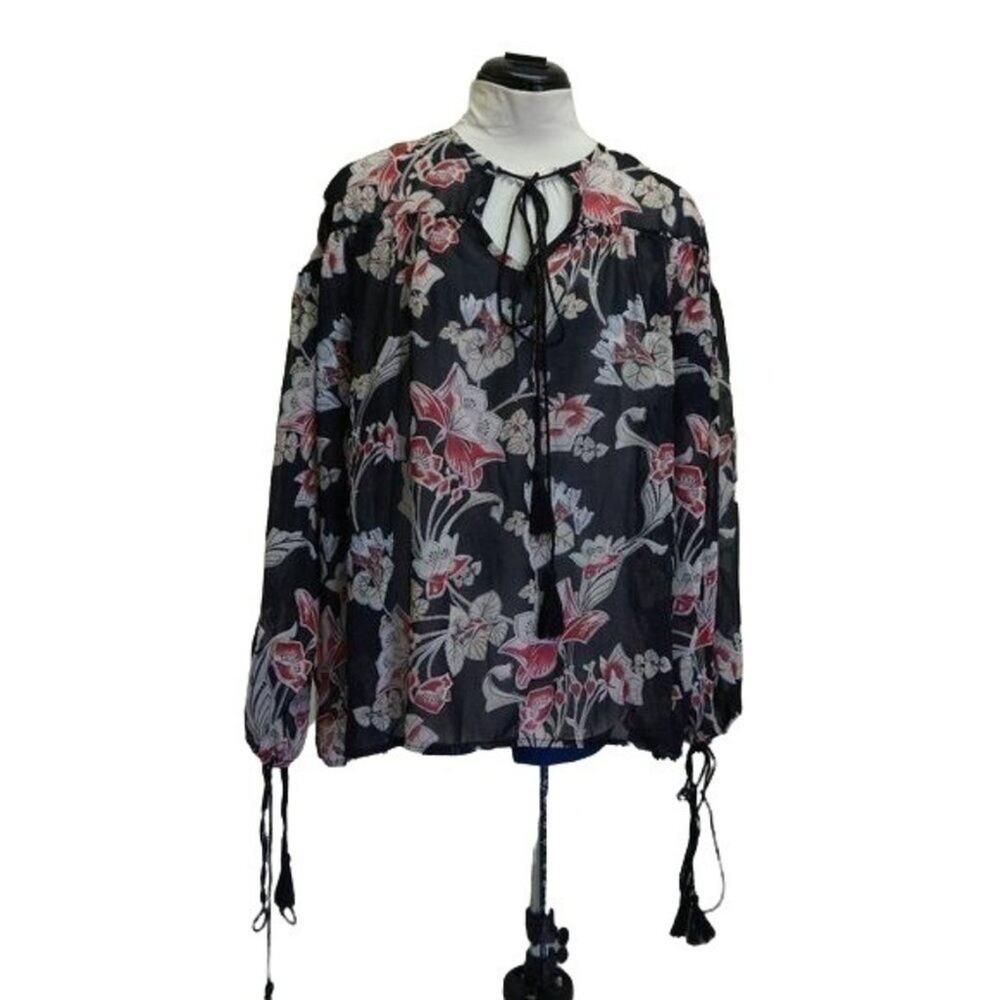 Madisonne, Macy's boho tassel long sleeve poet top black, pink large $58